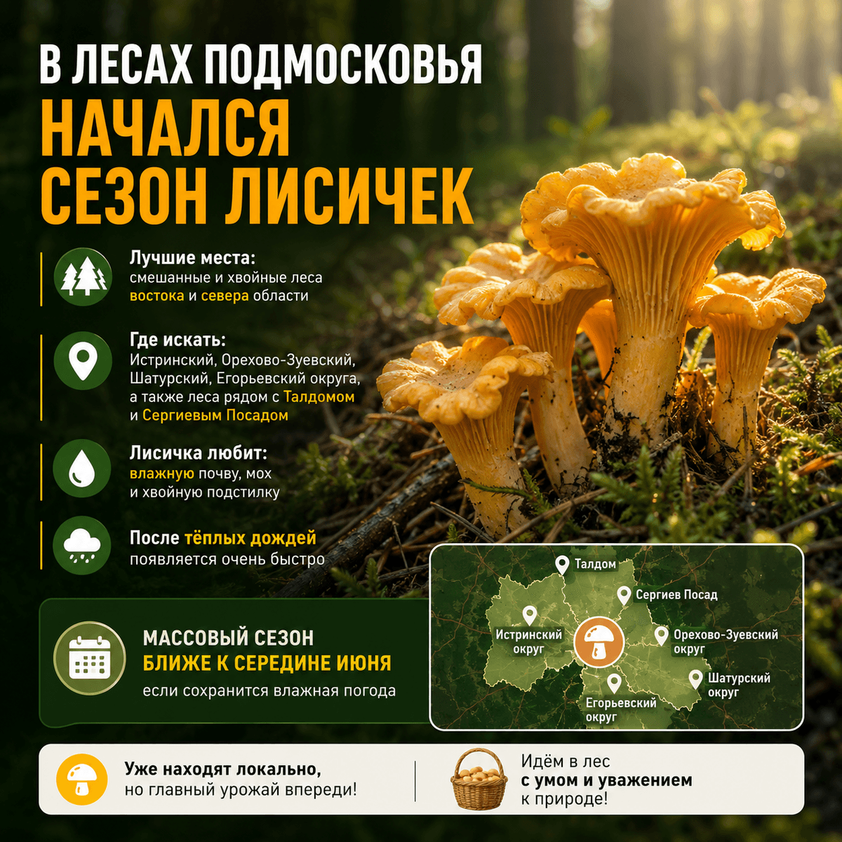 В лесах Подмосковья начался сезон лисичек